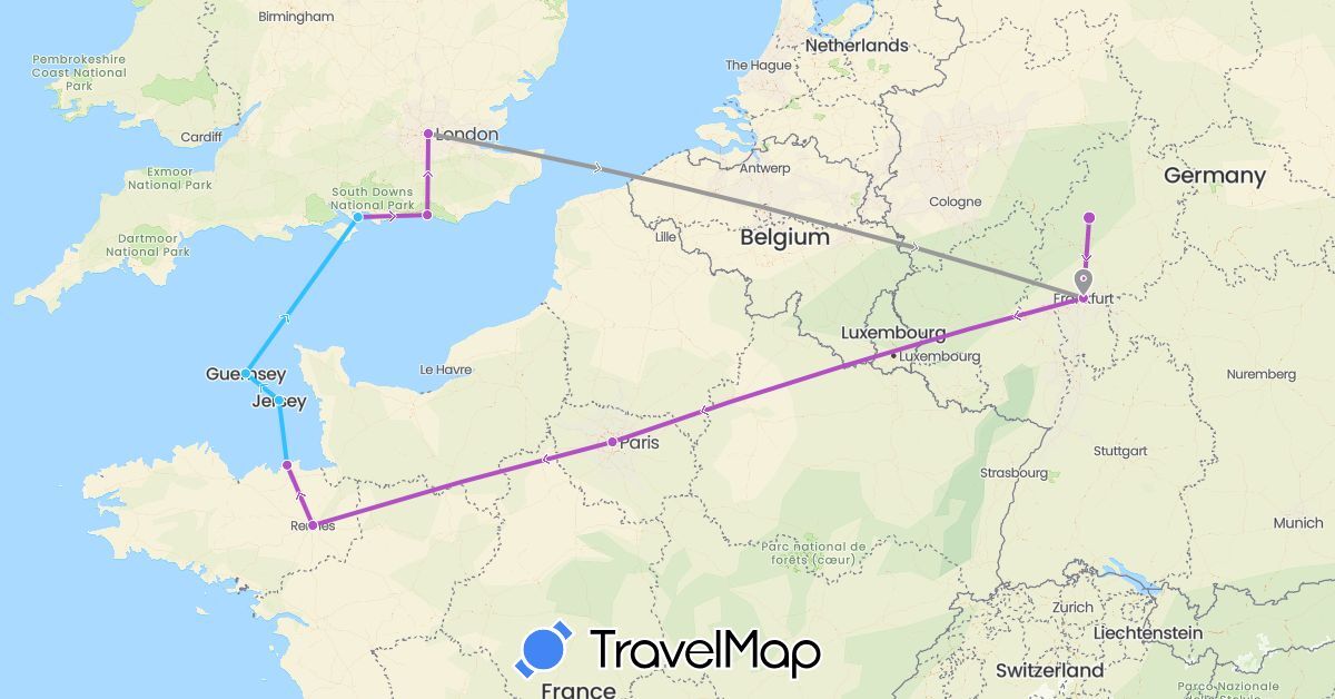 TravelMap itinerary: plane, train, boat in Germany, France, United Kingdom, Guernsey, Jersey (Europe)